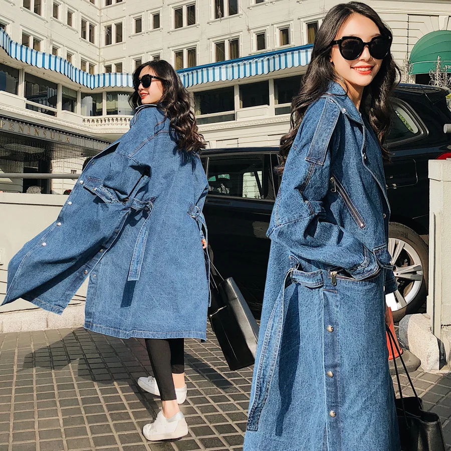 Casual Divisé Grande Taille Tranchée Bleu Blue De Long Les 2018 Tissu Surdimensionné Mode Hommes Ourlets Denim Manteau Nouvelles Femmes Hiver Solide XiuOZPk