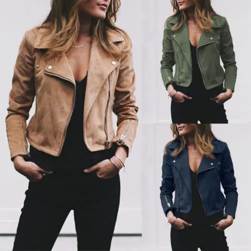 

Women's Ladies Solid Leather Casual Coats Zip Up Biker Flight Clothes Zipped Pocket Lapel Fashion Long Sleeve Jacket