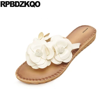 

Turquoise Holiday 2018 White Luxury Shoes Women Designer Famous Brand Sandals Summer Beach Ladies Flat Flip Flop Big Size Flower