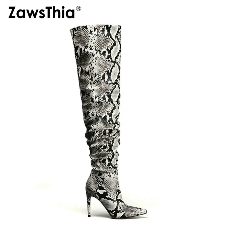 

ZawsThia Slouch Thigh High Boot Snake Skin Over the Knee Boots Sexy Super High Thin Heel Pleated Pointed Toe Overknee Boots