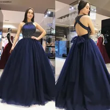 Восхитительные темно-синие фатиновые Бальные платья с блестками и бисером, с открытой спиной, длина до пола, милые вечерние платья для девочек 16 лет, robe de bal