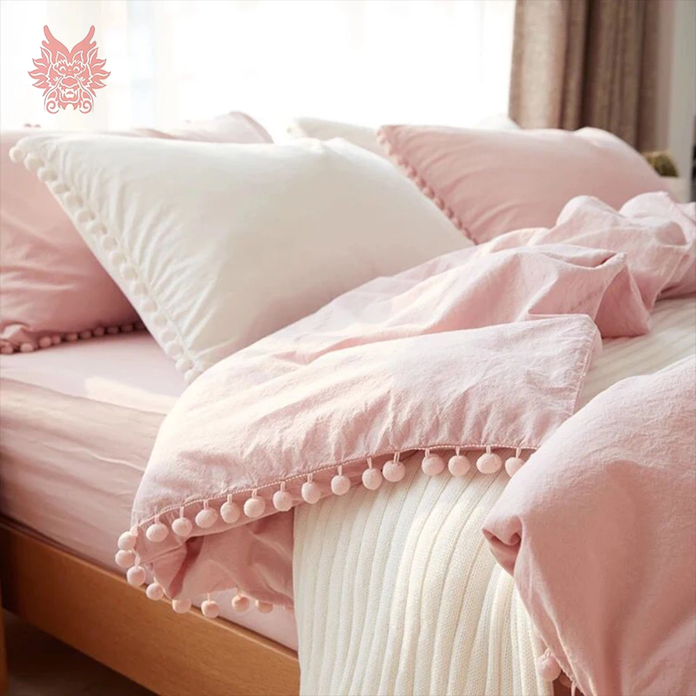 

Princess style pink white green 100% pure cotton bedding set small ball decor washed cotton duvet cover set ropa de cama SP4294