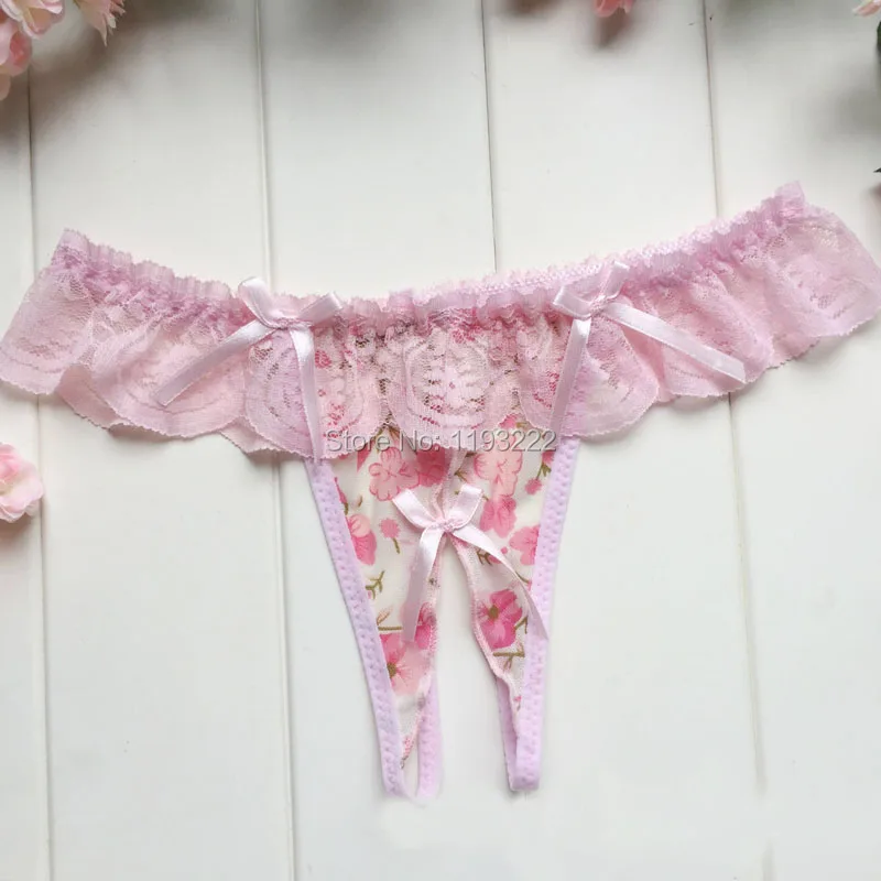 

Sexy Women Girl Lingerie Crotchless Lace Floral Leopard Printed Ribbon Bow Underwear G String Thongs T Back