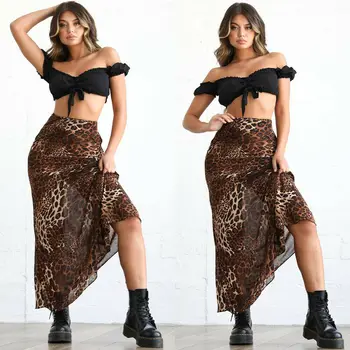 

2019 Women Summer High Waist Sexy Leopard Wrap Over Skirts Pleated Beachwear Chiffon Fashion Cocktail Club Maxi Skirt