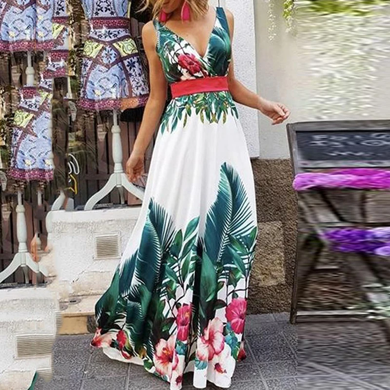 

Women Ladies Dress Wedding Summer Swing Clothing Floor Length Fashion Beach V Neck Stylish Cocktail Sleeveless