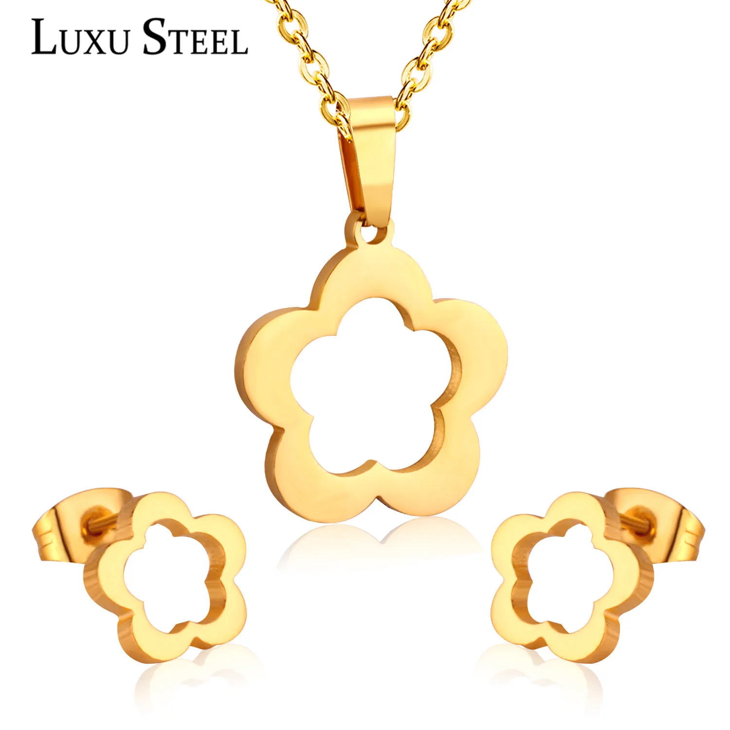 

LUXUSTEEL Simple Style Hollow Out Flower Pendant Necklace Earring Sets For Women/Girl Stainless Steel Earring Fashion Jewelry