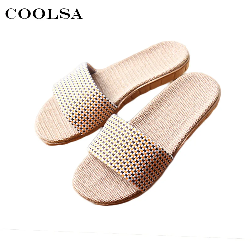 

Coolsa Ho't Summer Woman beach Sandals Linen slippers Flax Plaid Fabric Flat Non Slip Indoor Flip Flop Women Casual Straw Shoes