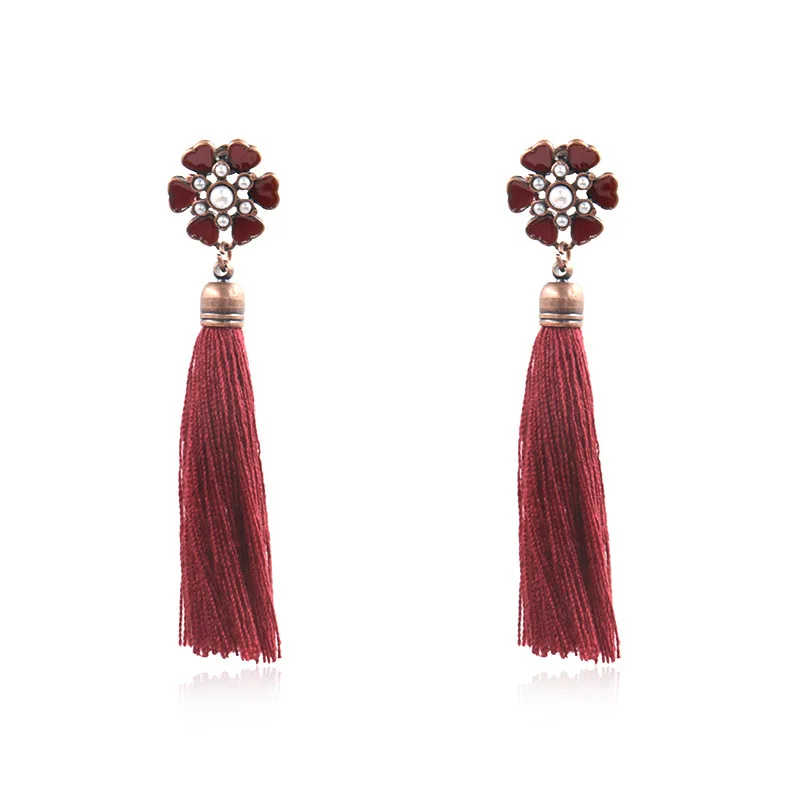 

Bohemia Vintage Ethnic Silk Fabric Hanging Dangle Drop Earrings Red Trendy Ethnic Boho Women Long Tassel Earrings