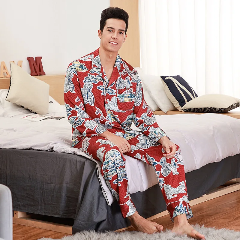 

2019 Men's Silk Pajamas Spring and Autumn Long Sleeve Pyjama With Pants Home Suit Men's Plus Size Man Sleepwear printing figure