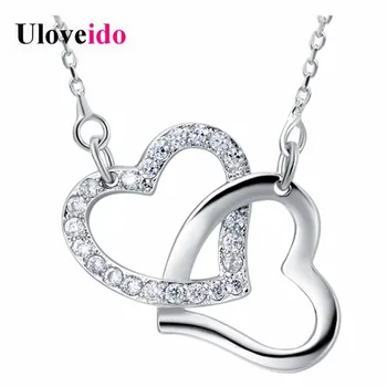 

Uloveido Double Locking Hearts Pendant & Necklace Best Women's Gift Silver Color Chain Necklace CZ Rhinestone Jewelry N878