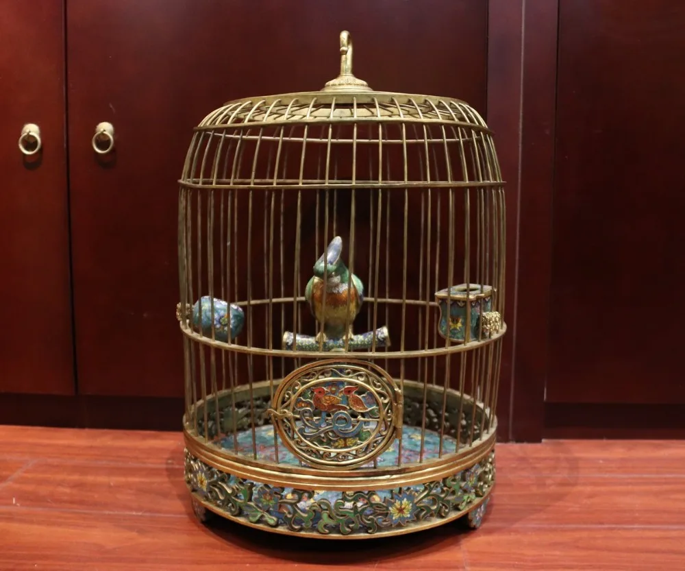 24&quot China Pure Bronze Cloisonne 24K Gold Scarlet Macaw Flower Bird Cage Birdcage | Дом и сад