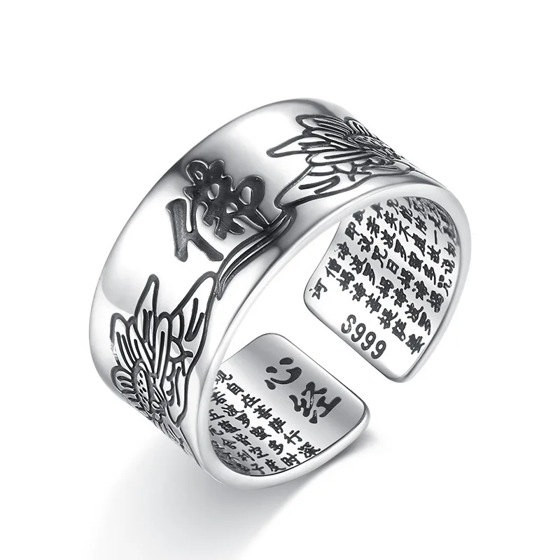 Heart Sutra Thai Sliver Ring for Men Silver Korean Version Fashion Adjustable Open Jewelry Finger Accessories Female Gift | Украшения и