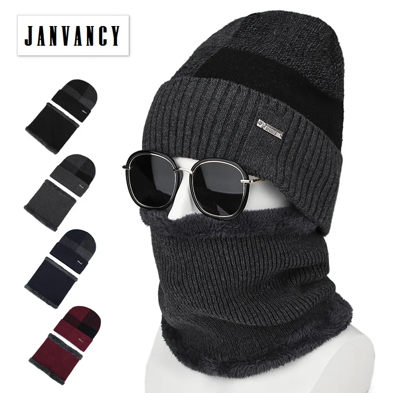 

Men's Winter 2pcs Fleece Knitted Beanies with Collar Russia Thicker Warm Hat with Scarf Ski Riding Velvet Hooded Balaclava Cap