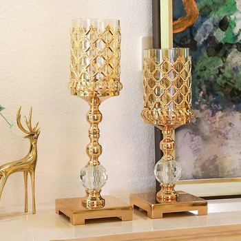 

Europe High Quality Alloy Glass Candle holder Light luxury retro crystal Gold Wedding Deco Handmade Candlestick Home Decorative