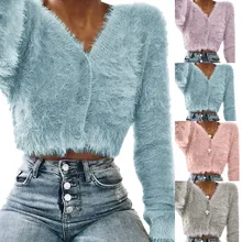 Feitong женский модный пушистый Повседневный свитер с v-образным вырезом и длинным рукавом Популярные женские топы