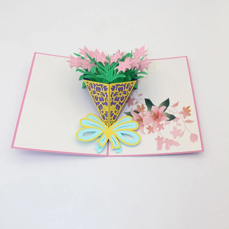  3D Laser Cut Handmade Pink Bouquet of Roses Lily Paper Invitation Greeting Cards Valentine's Day We - 32892383186