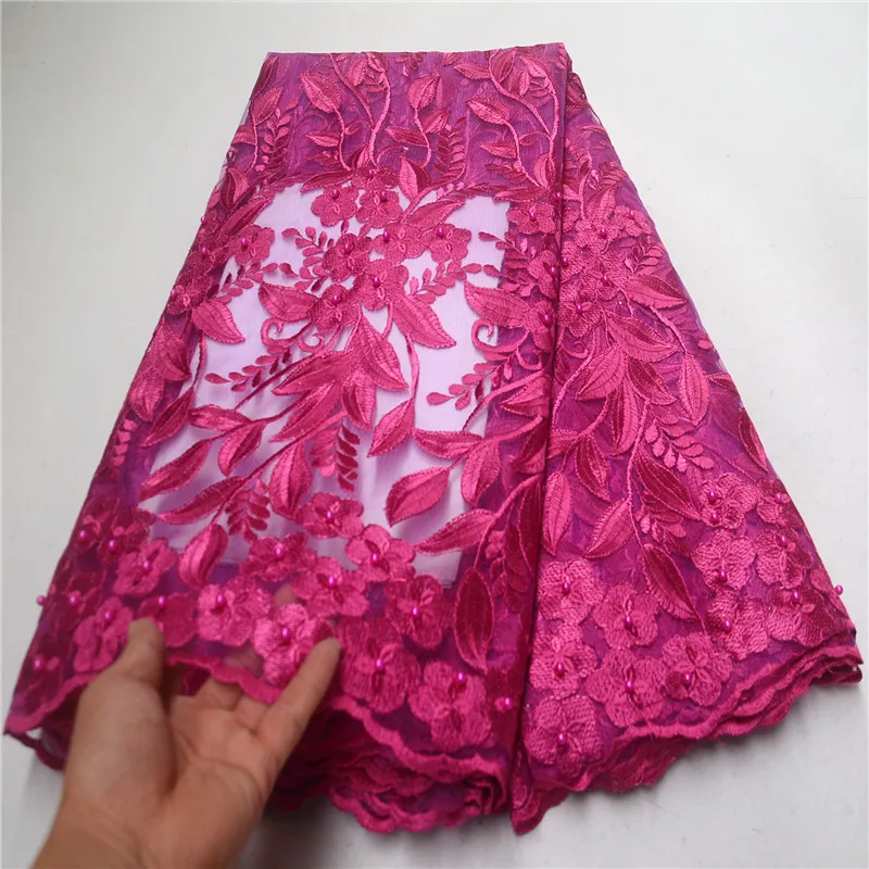 

2019 Hot Sale Fushia Pink Embroidered African Tulle Lace Fabric High Quality with Beads French Net Laces Fabrics Cloth PSA654-1