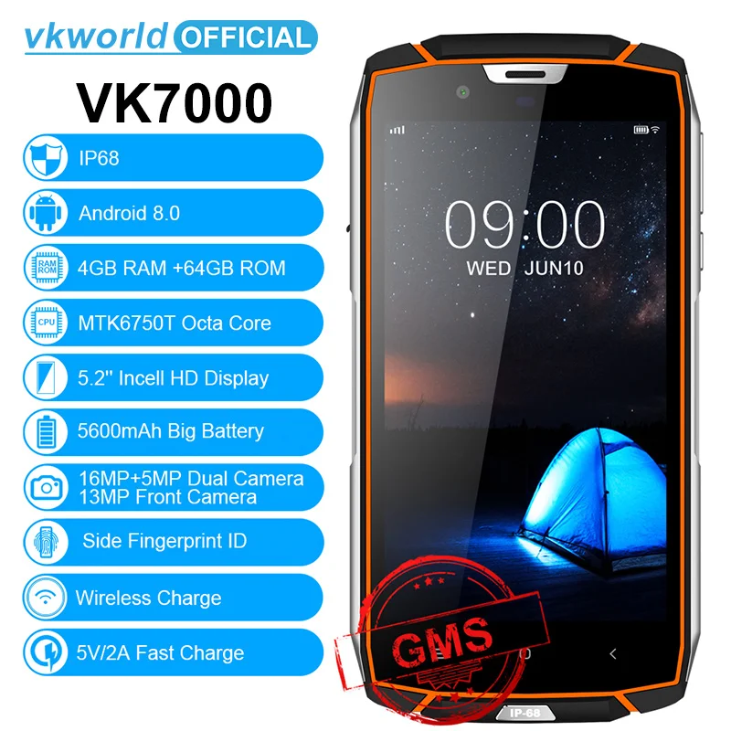 

VKworld VK7000 IP68 Waterproof Smartphone 5.2inch MTK6750T Octa Core Android 5600mAh Fast Charge 4GB 64GB Dual SIM Mobile Phone