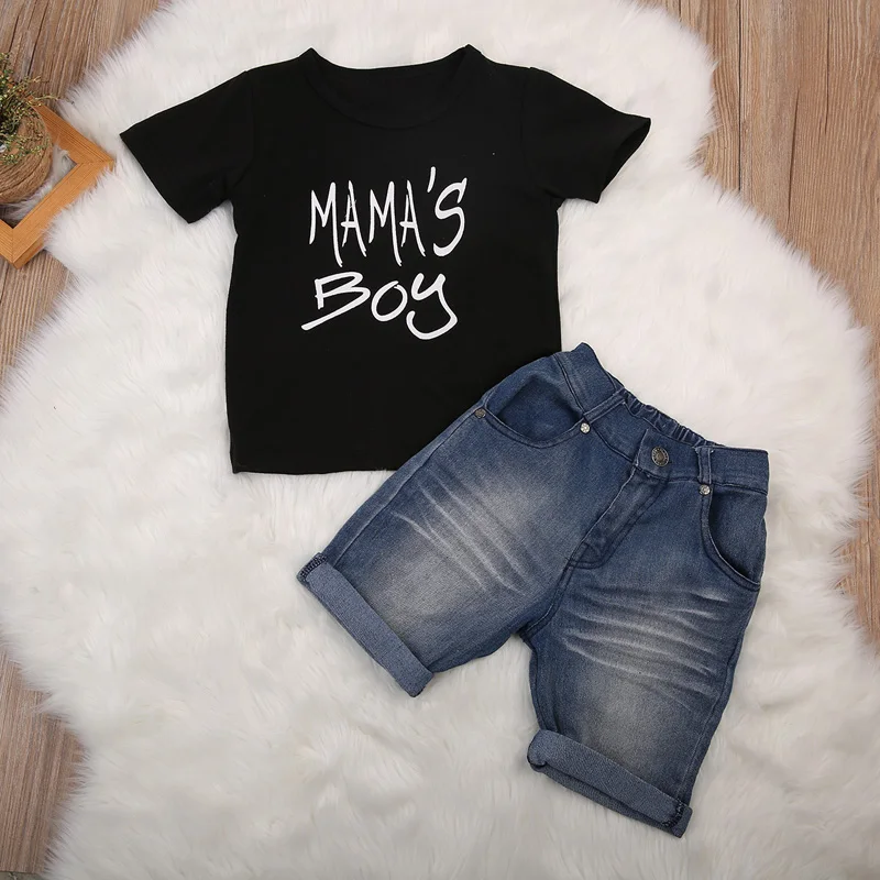 MAMA'S/Новинка года; летняя одежда для маленьких мальчиков футболка с короткими рукавами и надписью Футболка; джинсовые шорты; комплект одежды