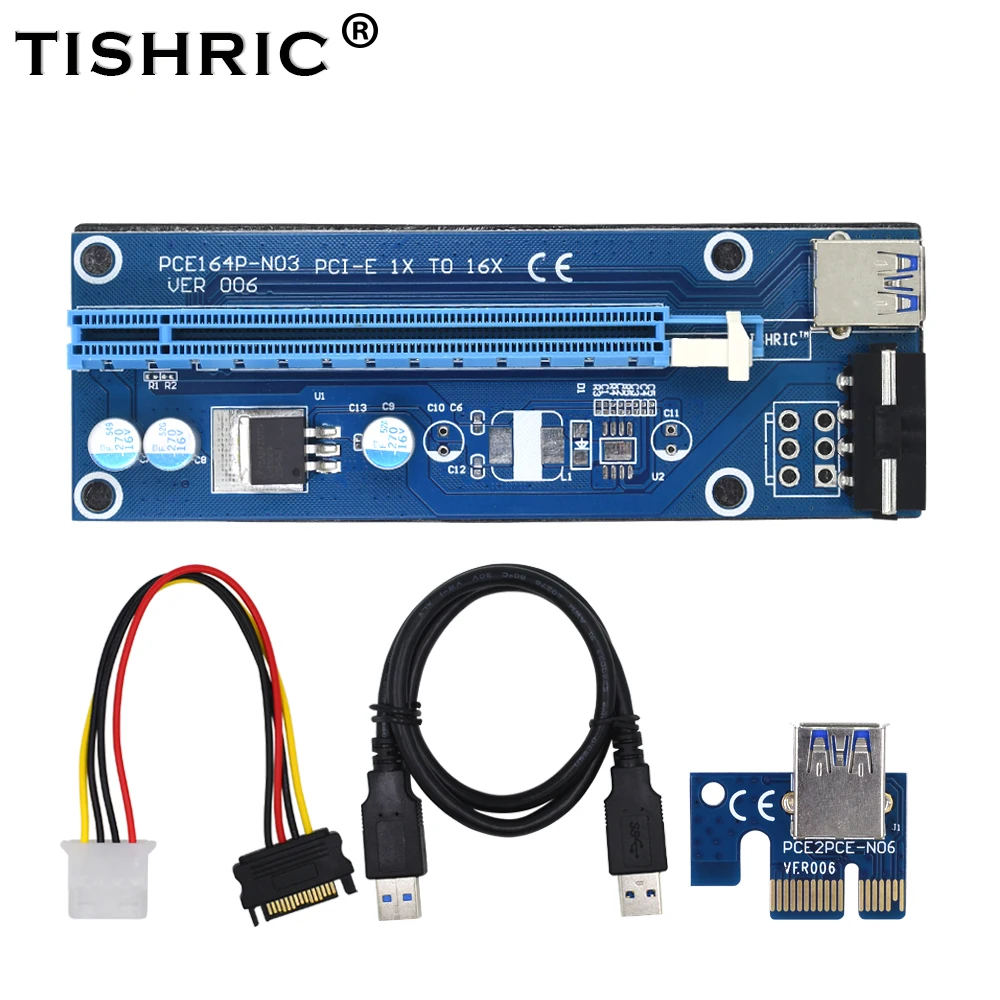 TISHRIC 100pc Ver006 PCI Express Riser Card 1x To 16x Usb3.0 Cable PCI-E Extender Sata 4pin Molex Power For Btc Miner Machine |