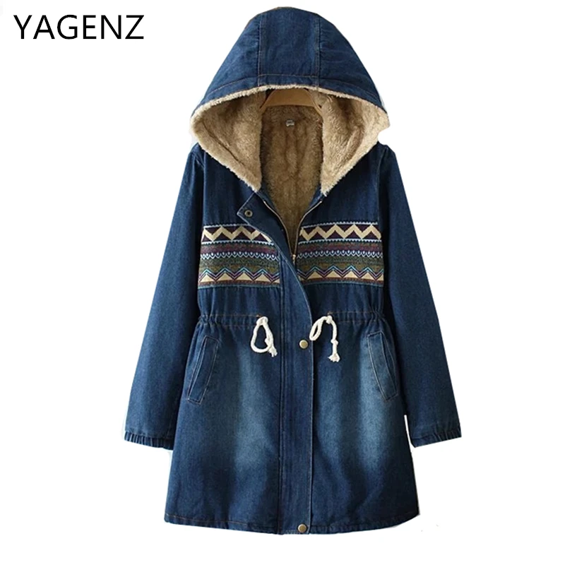 

YAGENZ New Women Denim Jacket 2019 Autumn Winter Loose Plus Cotton Warm Female Casual Tops Vintage Hooded Plus Size Lady Coat
