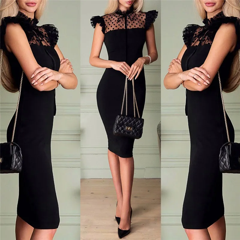 Women Elegant Mesh Patchwork See Through Bandage Dress Turtleneck Dot Black Dress Bodycon Evening Party Clubwear Knee Dress USA