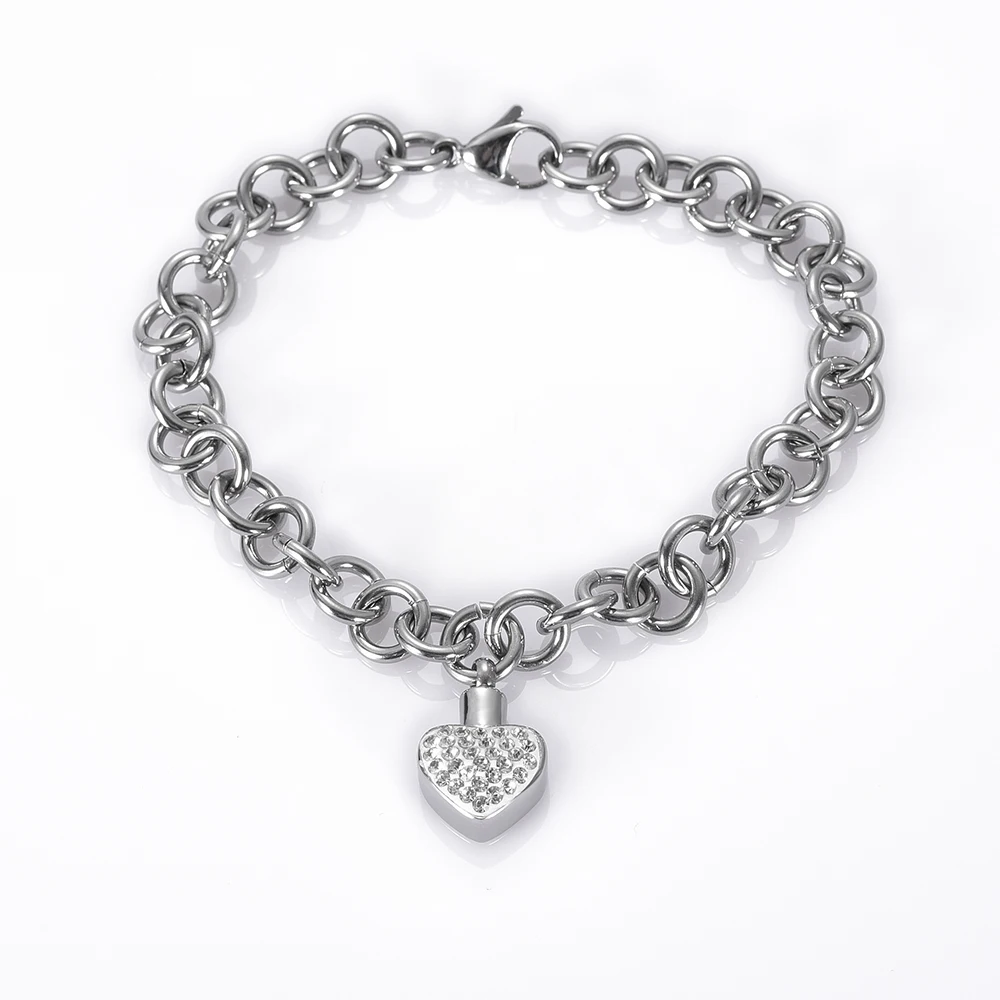 

316 L Stainless steel Link Chain Ashes Bangle Memorial Crystal Heart Urn Locket Pendant Cremation Basic Bracelet Set