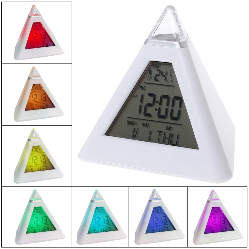 Crazy Sale FLJ 2019 Tri-angle Pyramid Time 7 Color Change LED Alarm Digital LCD Clock Thermometer New 