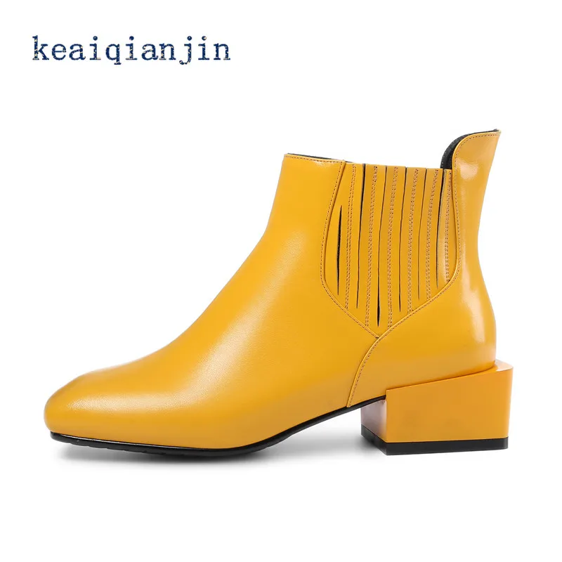 

2017 Autumn Winter Genuine Leather Martin Boots Black Yellow High Quality Thick with Square Toe Chelsea Boots Fashion Ankle Boot