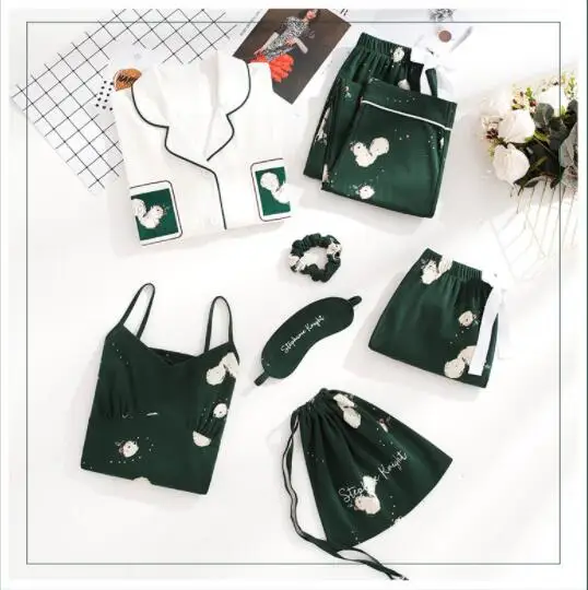 Пижамный комплект женский из 7 предметов элегантный хлопковый топ с длинным