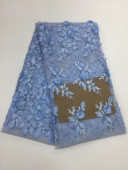 

Beautifical sky blue wedding lace fabric 3D flowers french African lace fabrics for dresses beads tulle lace Nigerian fabric