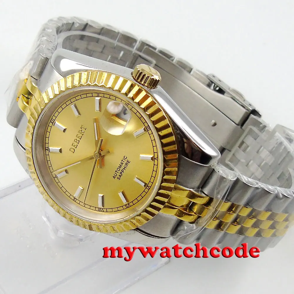 36 мм debert желтого цвета золотой циферблат световой 21 jewels miyota автоматические мужские наручные часы со сменными камнями Bling CZ