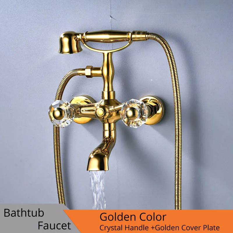 Golden Bathtub Faucet Dual Crystal Handle Bath Shower Set Mixer