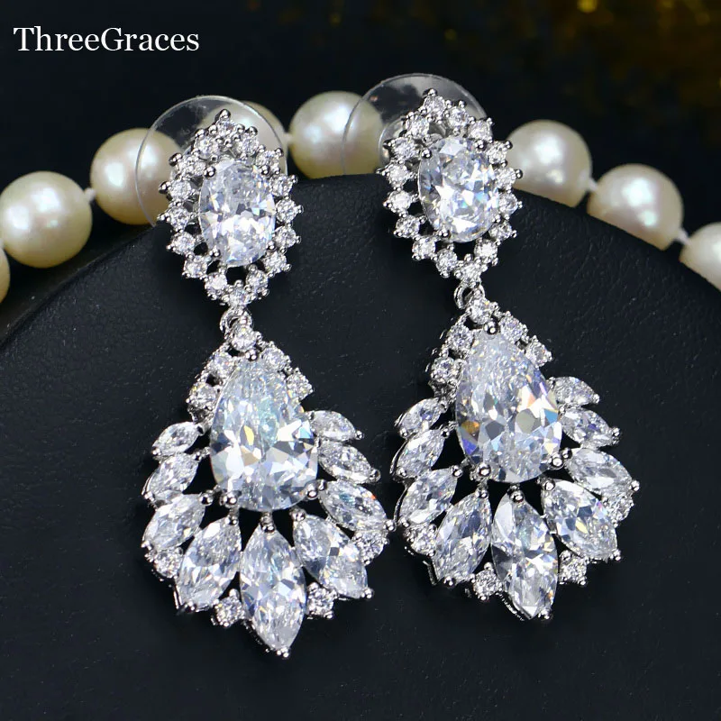 

ThreeGraces Jewelry Vintage Silver Color Cubic Zirconia Crystal Long Big Chandelier Earrings For Women Daily Dress ER001