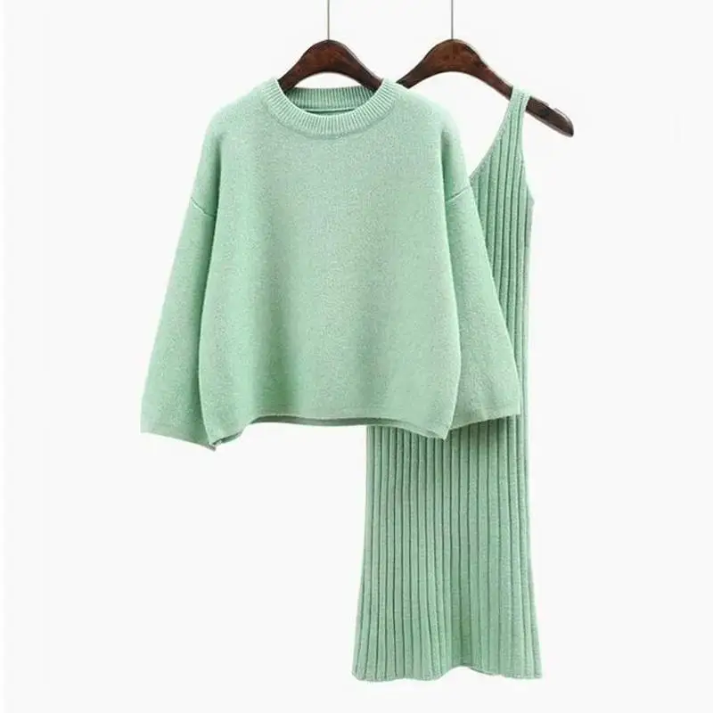 Ly Varey Lin Autumn Winter Womans Sweater+ Straped Mini Dress Sets Solid Color Casual Loose Knitted Sweater Two-pieces Suits - Цвет: Green