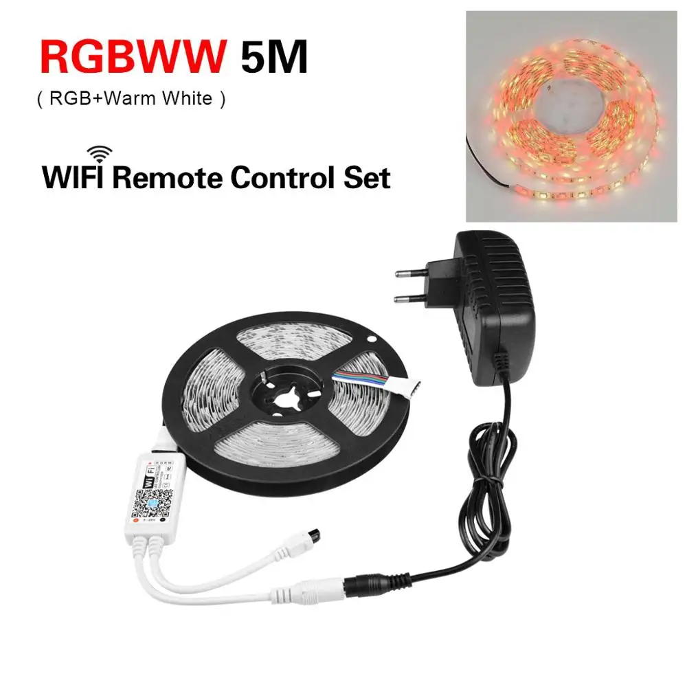 RGB RGBW RGBWW wifi 5 м 5050 Светодиодная лента светильник водонепроницаемый гибкий светодиодный Диодная лента wifi контроллер+ 12 В адаптер питания EU/US - Испускаемый цвет: RGBWW WIFI Remote