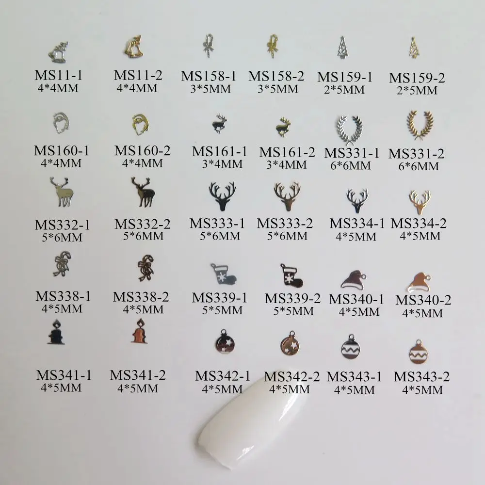 

100pcs/bag Silver/Gold Christmas Bell Deer Hat Shoe non-adhesive Soft Metal Sticker Nail Art Decoration
