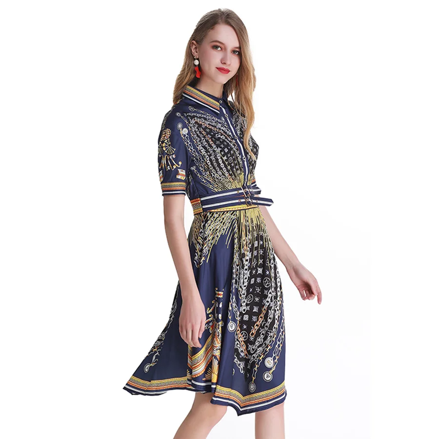 

VERDEJULIAY Causaly Runway Dresses Vintage Turn-Down Collar Vintage Chain Print Shirt Dress 2019 Summer Navy Irregular Dress