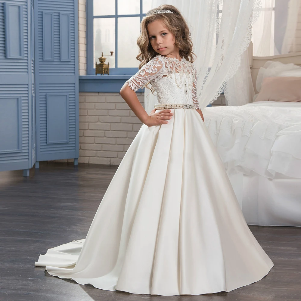 

2021 New Flower Girl Dresses Half Sleeves O-neck Beading Ball Gown Solid Formal First Communion Gowns Custom Made Vestido Longo