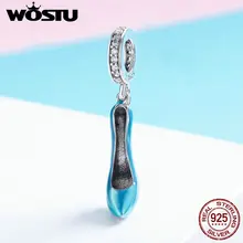 WOSTU, настоящее 925 пробы, серебряные, синие, на высоком каблуке, бусины, свисающие, подходят к оригинальному браслету, ожерелье, S925, сделай сам, ювелирное изделие, подарок, FIC759