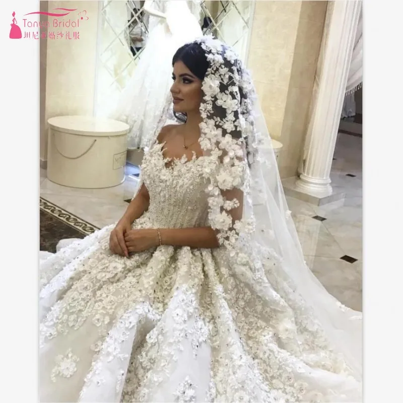 Sweetheart Neck Fluffy Lace Appliques Beading Crystal Luxury Wedding Dresses Muslim Bridal Gown Custom Made New SS162
