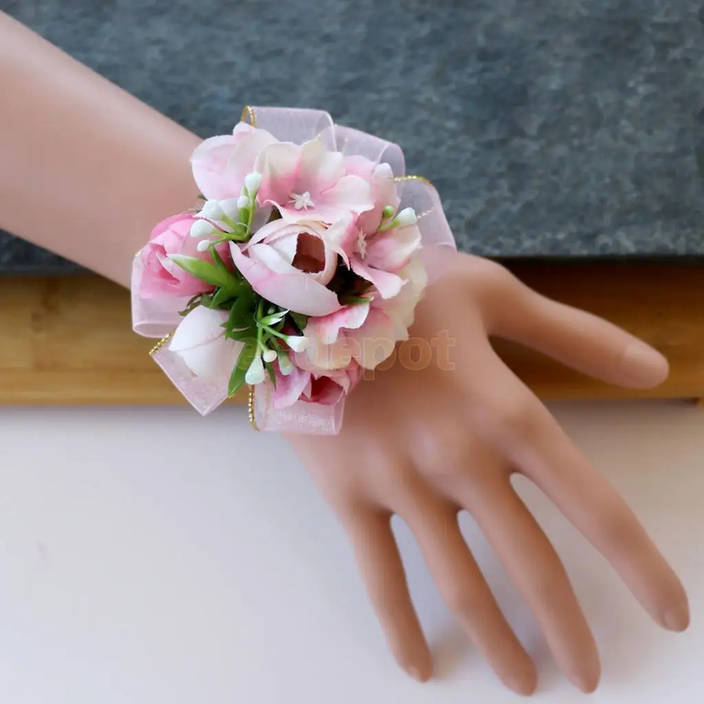 5pcs Silk Hand Flowers Wedding Bride Bridesmaid Wrist Corsage Peach Pink