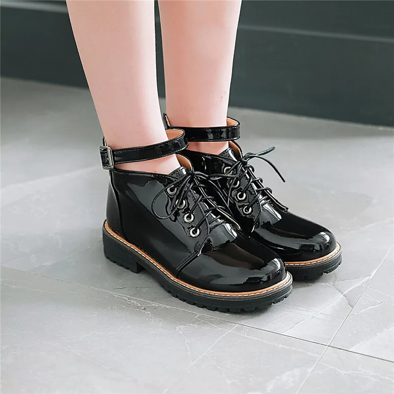 

YMECHIC 2018 Autumn Cross Tied Lace Up Ankle Buckle Strap Short Pu Patent Leather Boots White Black Plus Size Chunky Low Heels