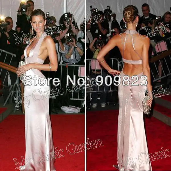 Gisele Bundchen Halter Deep V Neck Beaded A Linenatural Waist A