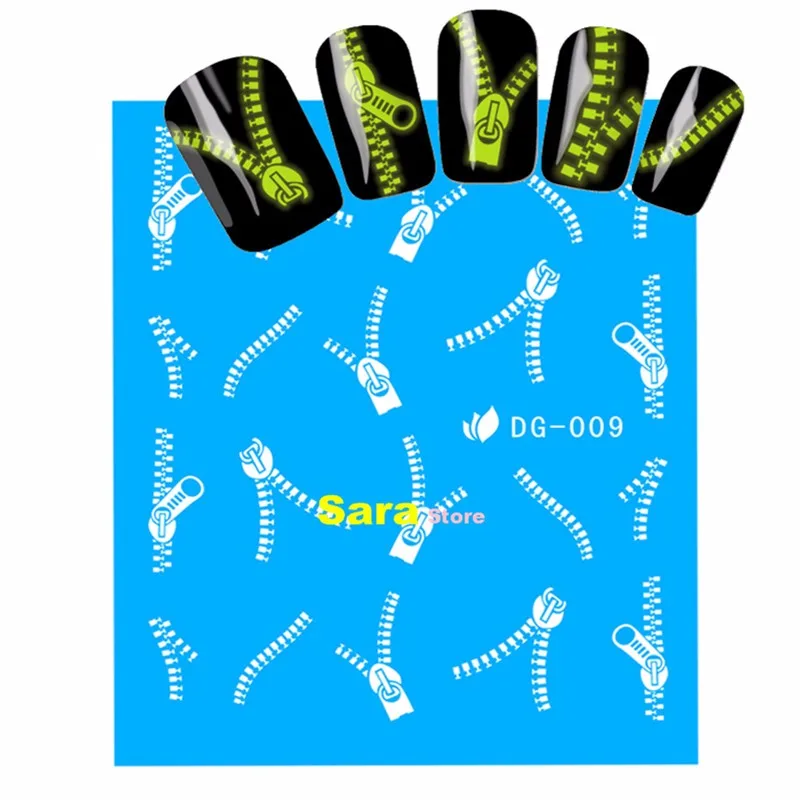 1 лист светится в темноте модные ногтей наклейки переводятся с помощью воды, наклейки на молнии с узорами, дизайн ногтей Стикеры световой Декор SADG009