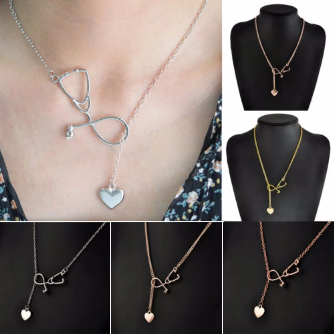 4 Colors Doctor Nurse Stethoscope Lariat Heart Pendant Chain Necklace Jewelry