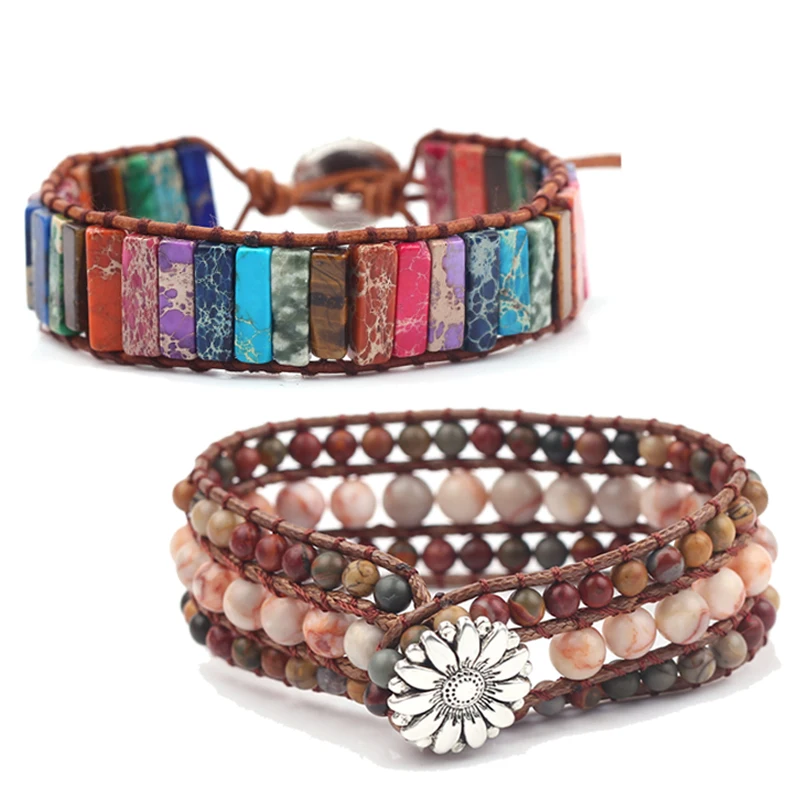 Браслет в стиле бохо, уникальный, в форме трубки, натуральный камень, 3 слоя кожи, обертывание, очаровательные браслеты для женщин, модные ювелирные изделия, аксессуары