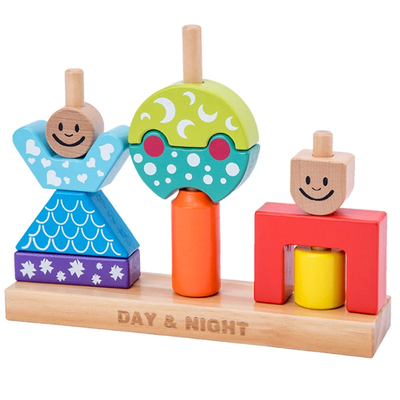 Baby Educational Wooden Toy Sun& Moon Day& Night Pillar Blocks Early Learning Kids Birthday Christmas Gift Hot Sale