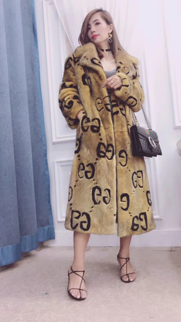 New real fur mink coat long paragraph female print geometric pattern lapel fashion warm ladies coat