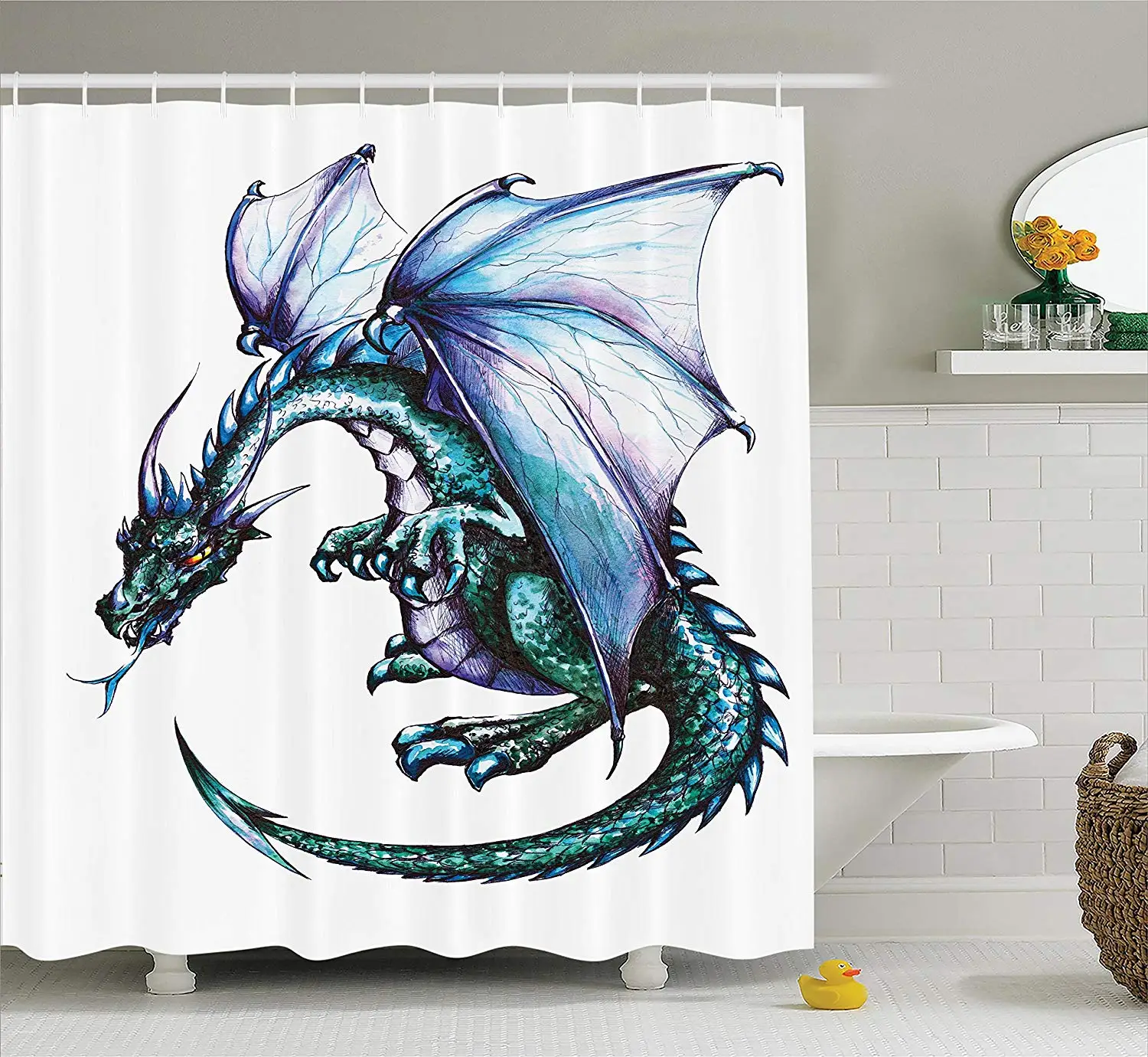 

Dragon Decor Created with Vibrant Gradient Colored Graphic Work Ethnic Devil Image Polyester Fabric Bathroom Shower Curtain Set